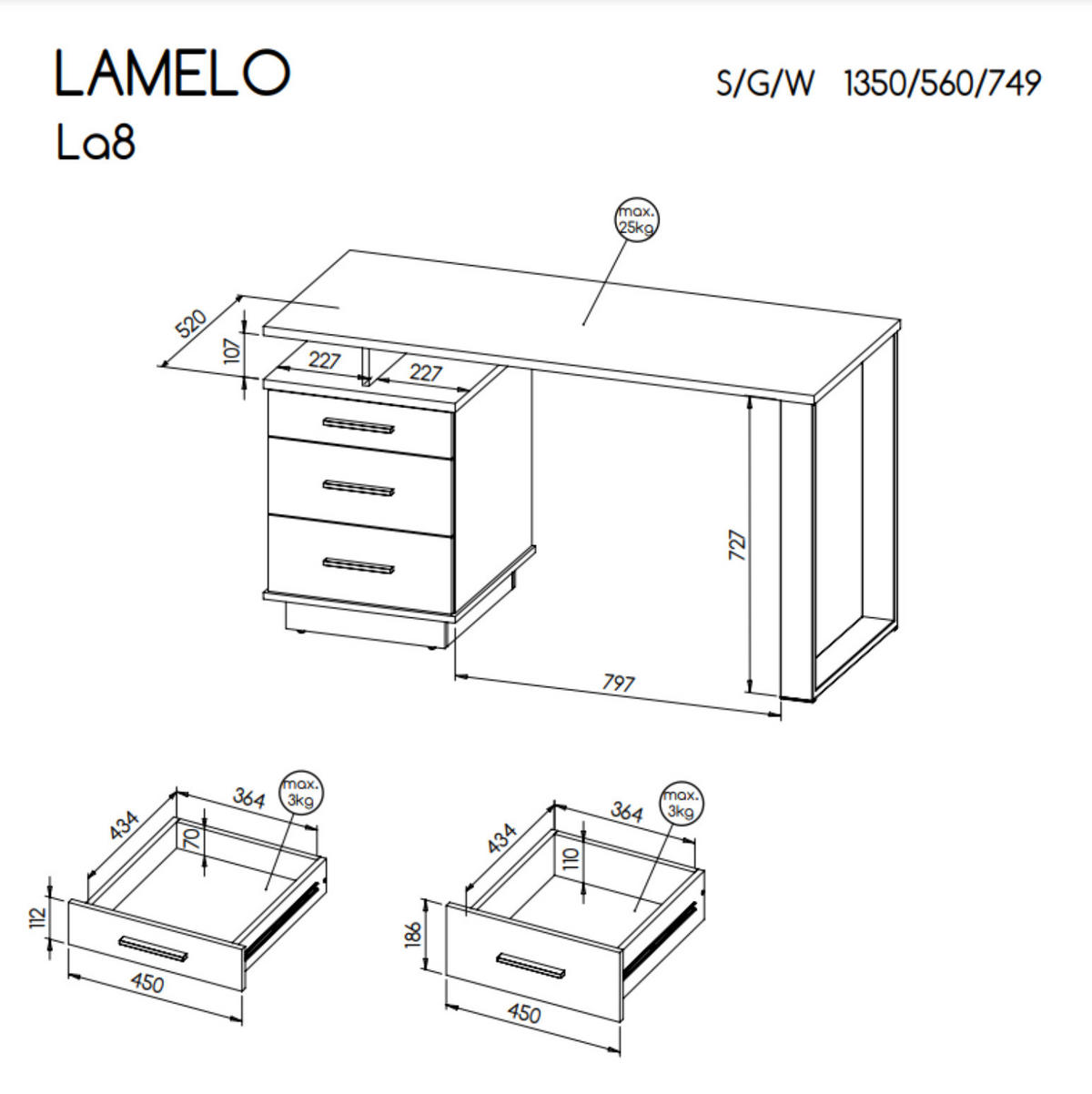 SCHREIBTISCH Lamelo Wotan eiche, mit Schubladen - Schwarz/Braun, Holzwerkstoff (56/135/75cm) - Bettso