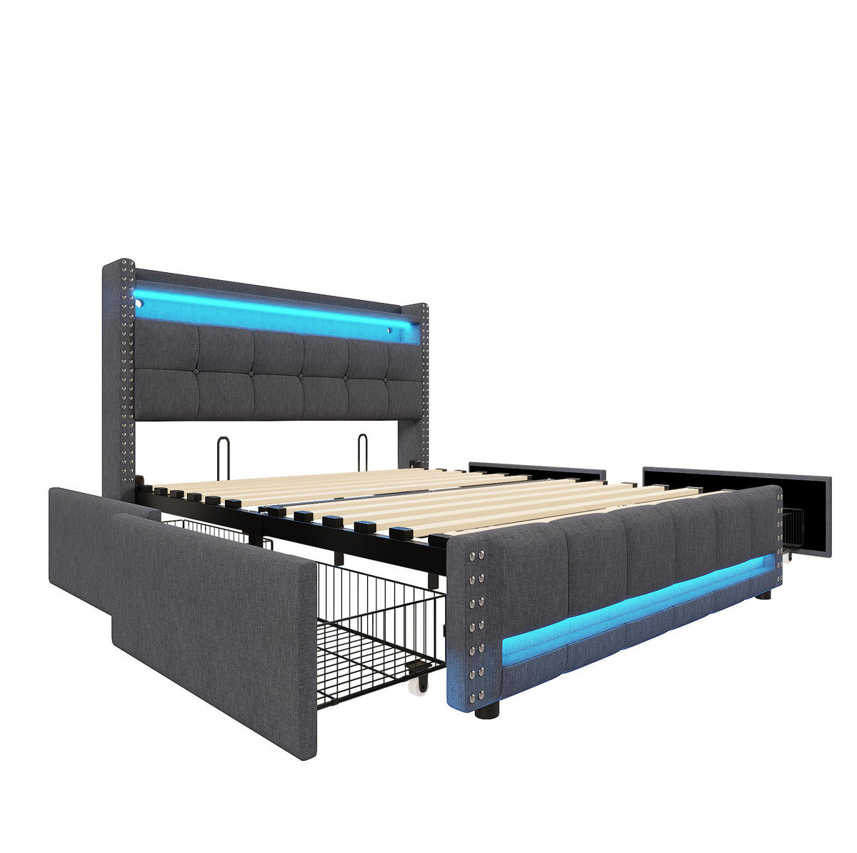 ČALOUNĚNÁ postel, 140/200 cm, šedá, s LED osvětlením, USB a úložnými zásuvkami - šedá, textil (140/200cm) - BEAOK
