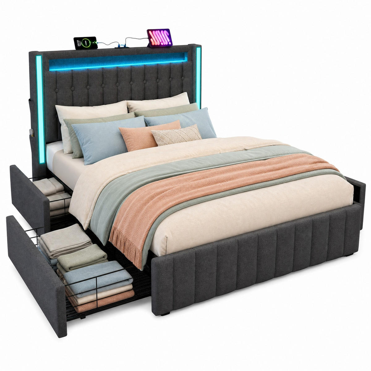 POLSTERBETT 160/200 cm in Grau Leinen mit 4 Schubladen, LED, USB und Matratze - Grau, Holzwerkstoff/Textil (160/200cm) - CHICFURN