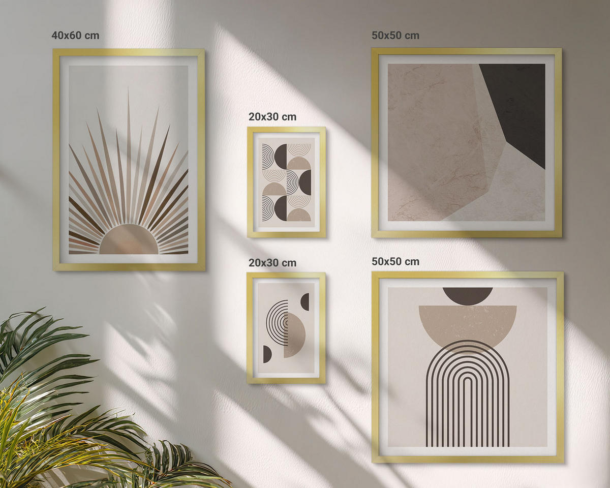 BILDER SET 5er Set - 50x50 cm & 20x30 cm & 40x60 cm Goldrahmen - Abstrakte beige und braune Formen - Goldfarben, Kunststoff (40/60cm) - TULUP