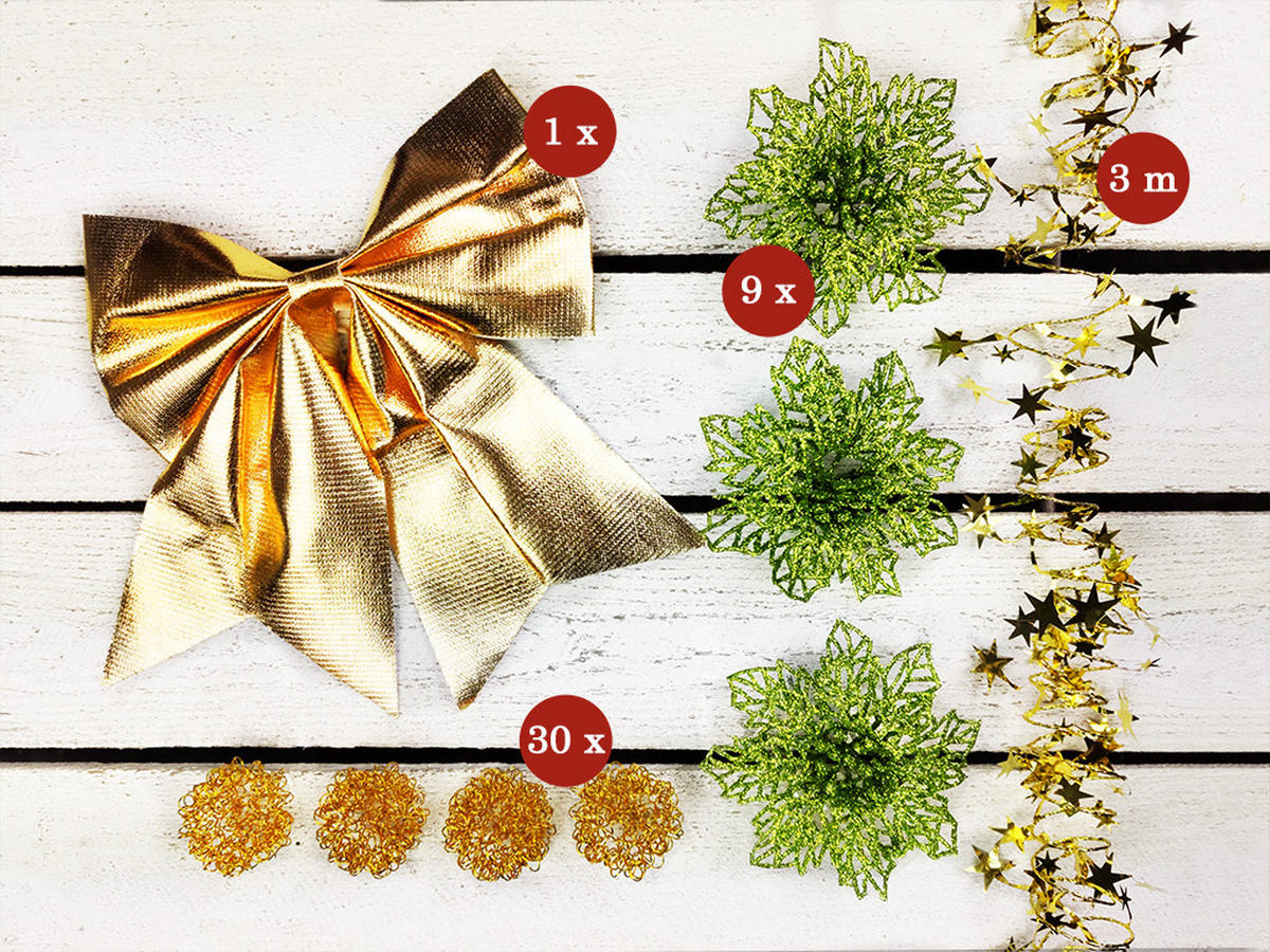 WEIHNACHTSBAUM künstlicher 60 cm mit LED-Beleuchtung, ZAUBERNACHT, mit 41 Weihnachtsbaumschmuck, Pflanztopf mit Jutesack - Goldfarben/Grün, Kunststoff/Stein (40/60cm) - LAALU