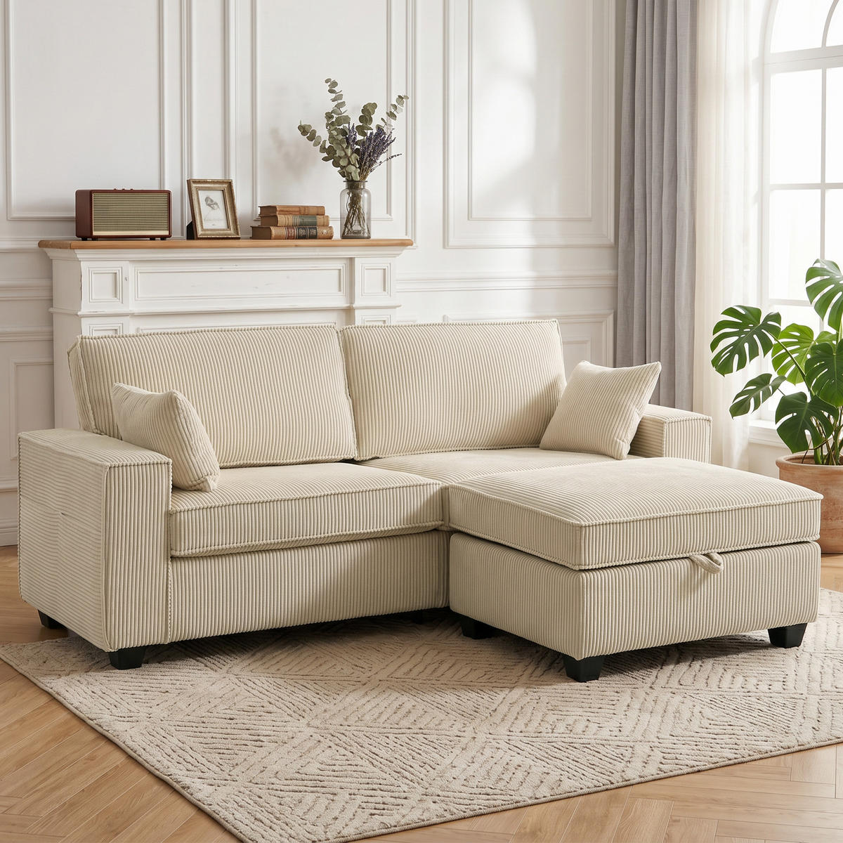 ECKSOFA Cord (100 % Polyester) Beige - Beige, Holzwerkstoff/Kunststoff (151/216cm) - HOMCOM