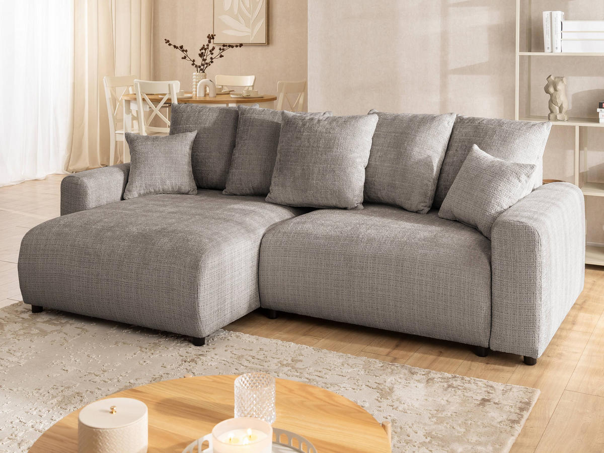 ECKSOFA Calma mit Schlaffunktion und Bettkasten im Bumpy-Design aus weichem Taupe Chenille-Stoff - Ottomane links - Taupe/Beige, Holz/Kunststoff (140/239cm) - S-Style Möbel