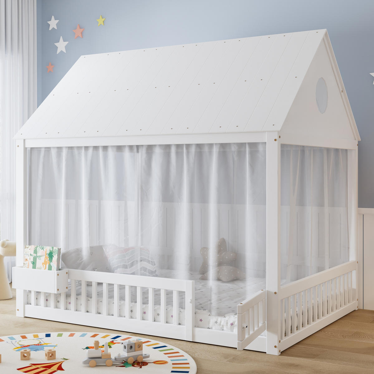 HAUSBETT aus Kiefer und MDF 140x200 cm Weiß mit Stauraumfach, Vorhängen und Dachdetails - Weiß, Holzwerkstoff (140/200cm) - Modfu