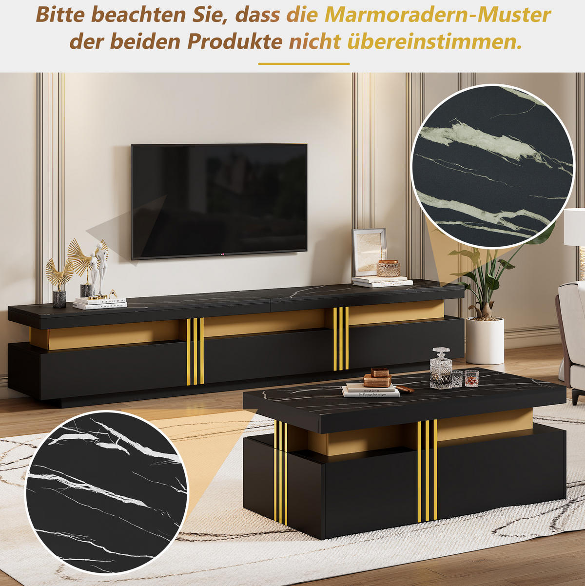 LOWBOARD 200/40/42 cm Schwarz aus Spanplatte mit Marmor-Optik - Schwarz, Holzwerkstoff (50/40/100cm) - OKMYHOME