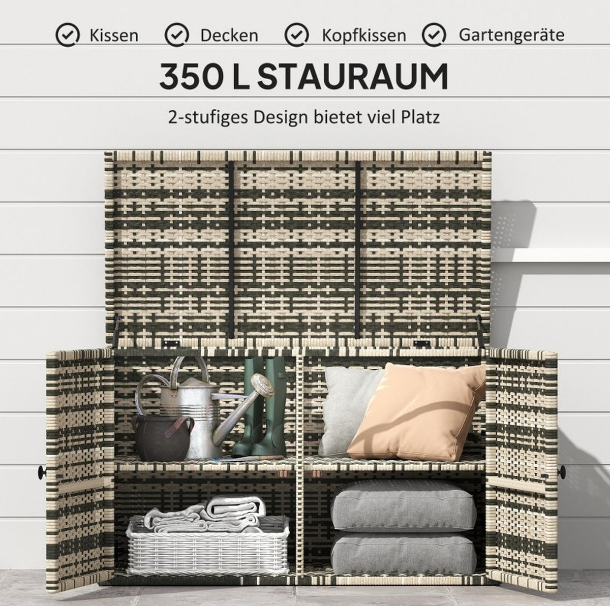 AUFLAGENBOX 118/57/69 cm mit 350 L Stauraum, Gasdruckfedern und Tragegriffen aus Stahl und PE-Rattan, Grau - Grau, Metall (57/69/118cm) - Redom