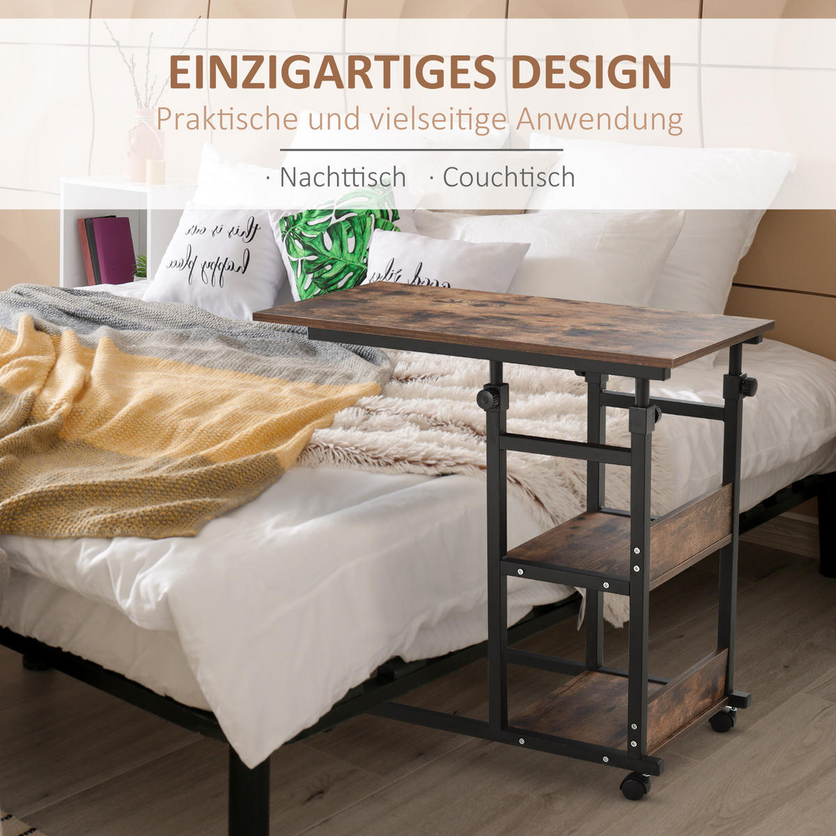 BEISTELLTISCH Couchtisch mit Rollen höhenverstellbar 2 untere Regale Esszimmer - Dunkelbraun, Kunststoff (80/40/82cm) - HOMCOM