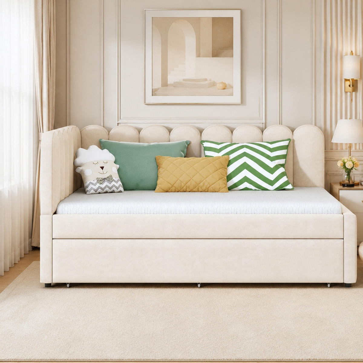 POLSTERBETT 140/200 cm aus Samt mit Ausziehbett, Beige - Beige, Textil (140/200cm) - OKMYHOME
