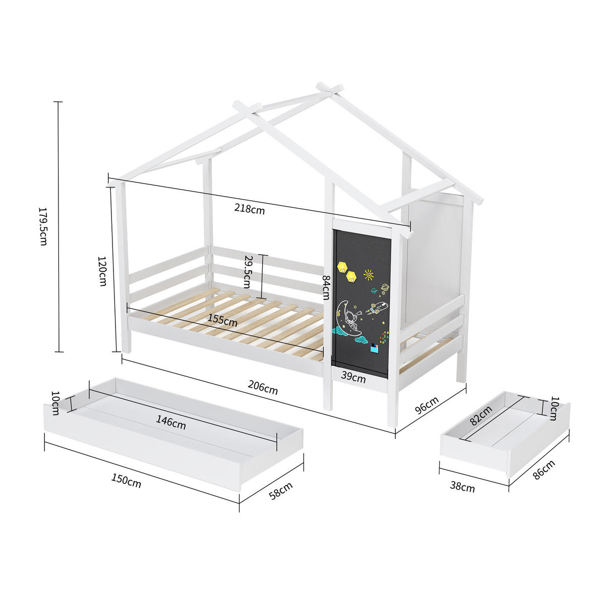 HAUSBETT 90 x 200 cm mit Tafel und 2 Schubladen, Weiß - Weiß, Holz (90/200cm)