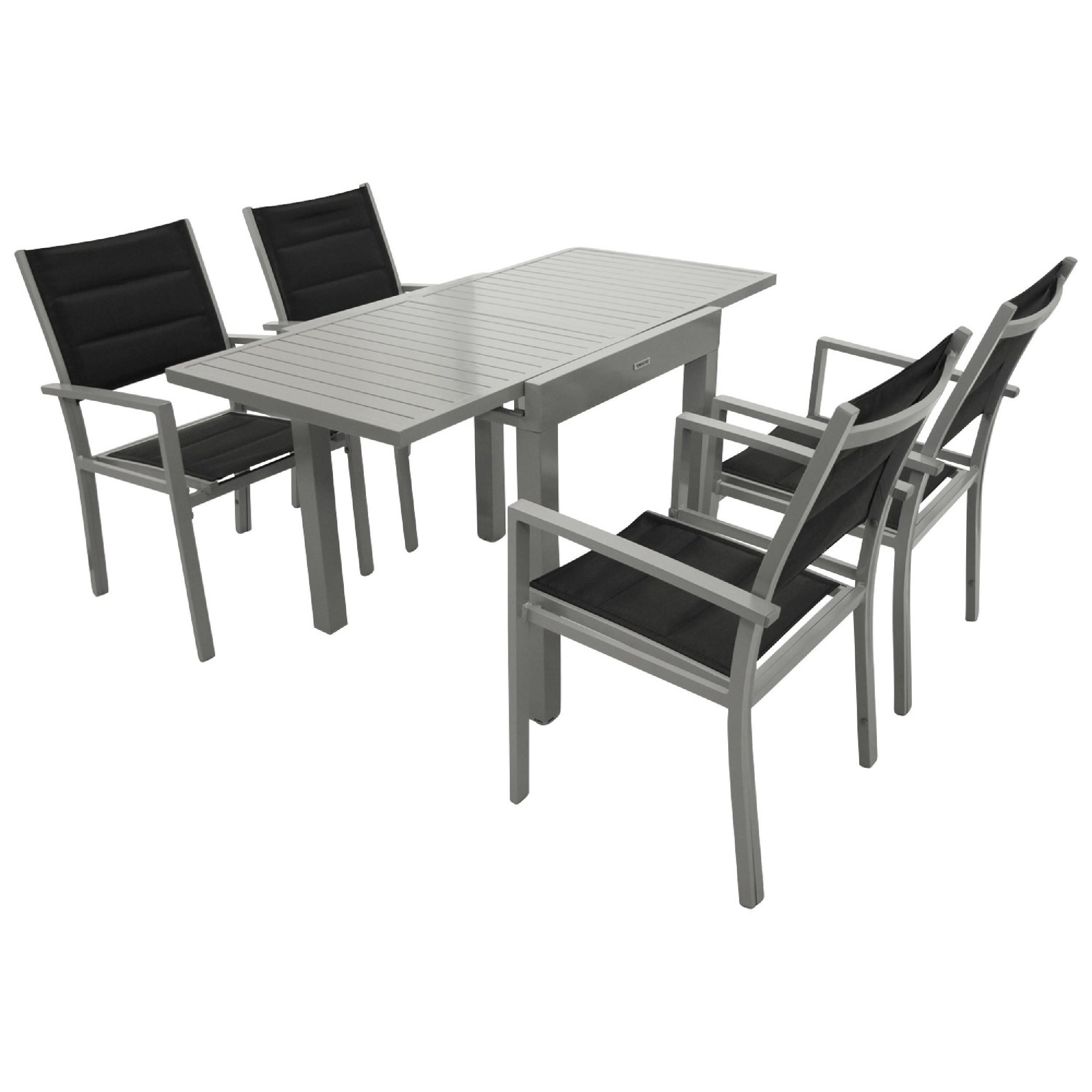 GARTEN-GARNITUR Ashford - 5-teilige Garten-Essgruppe (4x Sessel Aluminium silbergrau + Textilgewebe gepolstert schwarz - Schwarz, Metall - TPFGarden