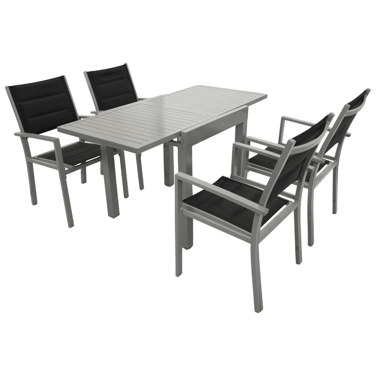 GARTEN-GARNITUR Ashford - 5-teilige Garten-Essgruppe (4x Sessel Aluminium silbergrau + Textilgewebe gepolstert schwarz - Schwarz, Metall - TPFGarden