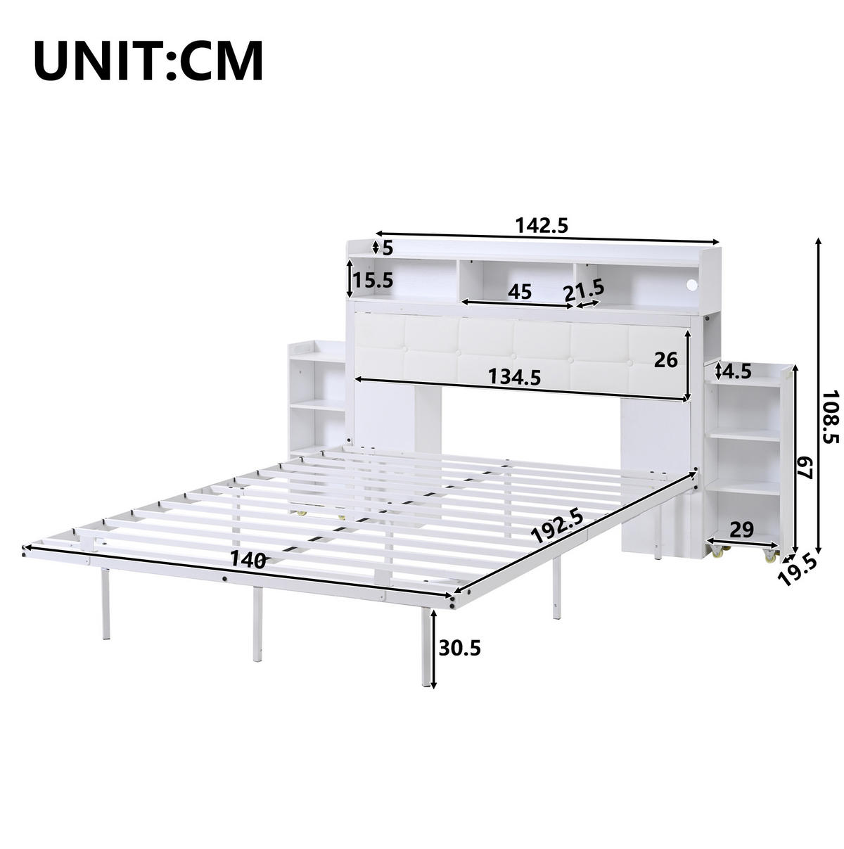 POSTEĽ 140/190 cm, kov/PU, biela, s LED osvetlením, nabíjacou stanicou a nočnými stolíkmi - biela, kov (140/190cm) - BEAOK