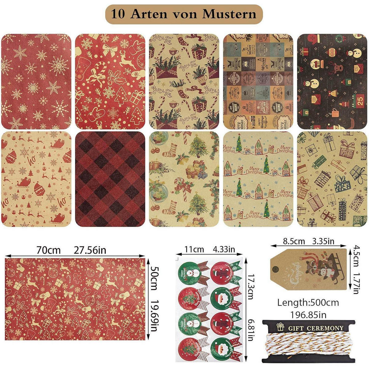 GESCHENKPAPIER Set 10 Blatt mit Anhänger und Aufkleber 70 x 50 cm - Multicolor, Papier (50/0.1/70cm)