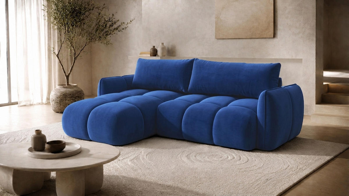 ECKSOFA L-Form Mit Schlaffunktion, Veloursstoff Bluvel, Tintenblau, Links, BELVEDER L - Blau, Holz (250/168cm) - Kaiser Möbel