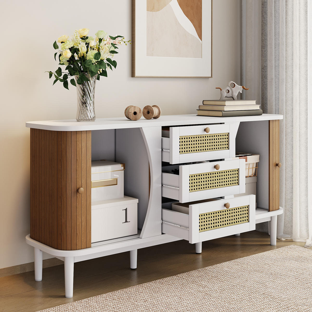 SIDEBOARD in Weiß und Rattan 140,5/40/76 cm - Weiß, Holzwerkstoff (40/76/140.5cm) - Urban Meuble