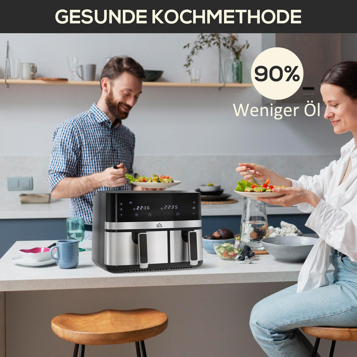 HEISSLUFTFRITTEUSE DE-07932 2 Körbe (5,2 L & 3,3 L), 8 Programme Schwarz+Silber - Schwarz, Metall (39.2/31.1/41.8cm) - ComfortXL