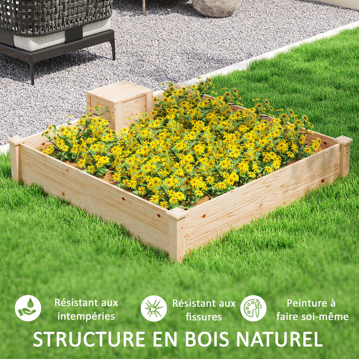 HOCHBEET DE-12229 123/123/25 cm mit Komposter Naturholz - Naturfarben, Holz (123/25.5/123cm) - ComfortXL