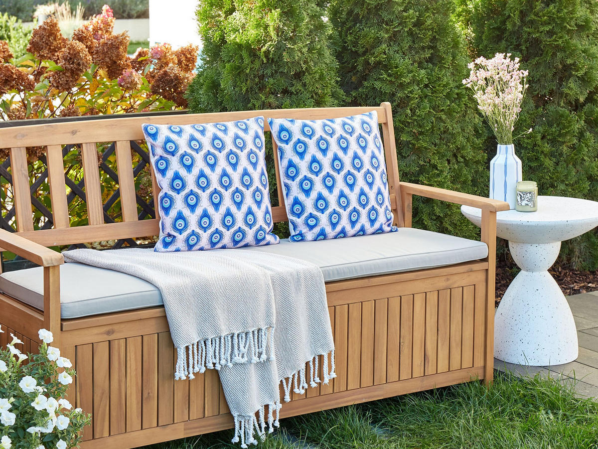 OUTDOOR-KISSEN 2er-Set Pfauenmuster blau/rosa 45/45 cm Ceriana - Blau, Textil (45/45cm) - Beliani