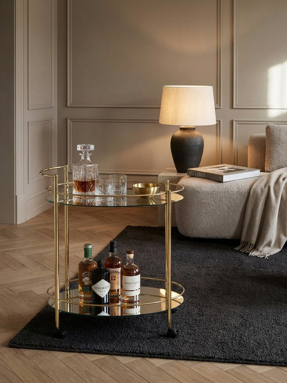 SERVIERWAGEN – Gold, 2 Glasplatten, auf Rollen - Goldfarben, Glas/Metall (67/79/46cm) - KADIMA DESIGN