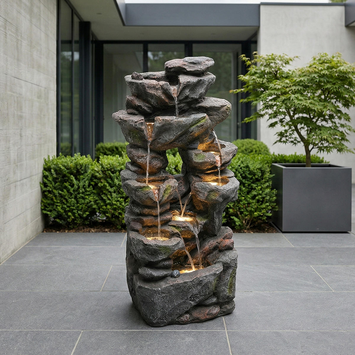 GARTENBRUNNEN, LED-Beleuchtung, Kunststein, Wasserspiel, Grau - Grau, Naturmaterialien (46/36/90cm) - FLIEKS