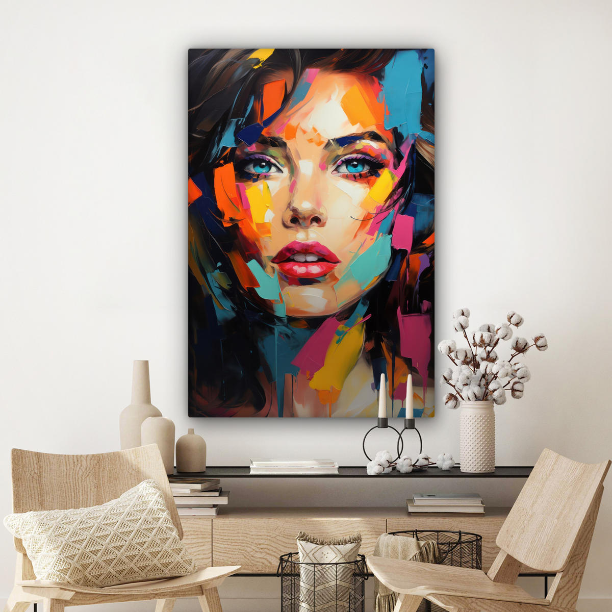 LEINWANDBILD Frau - Porträt - Farbenfroh - Kunst 90x140 cm - Multicolor, Textil (90/140cm) - MuchoWow