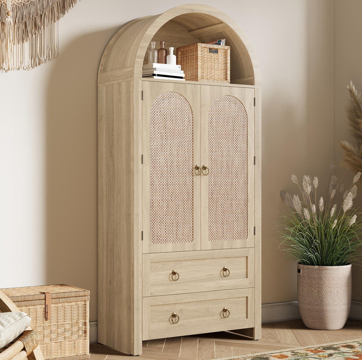 KOMMODE aus MDF 80x40x180cm in Eiche mit Rattantür & Haken - Eichefarben, Holzwerkstoff (80/180/40cm) - Modfu