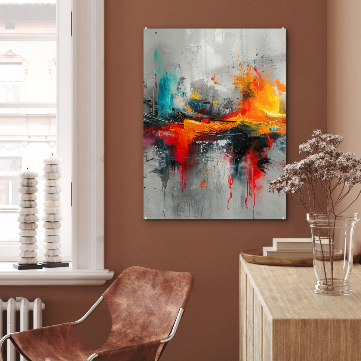 ACRYLGLASBILD Moderne Kunst - Orange - Grau - Abstrakt 60x80 cm - Hellgrau, Glas (60/80cm) - MuchoWow