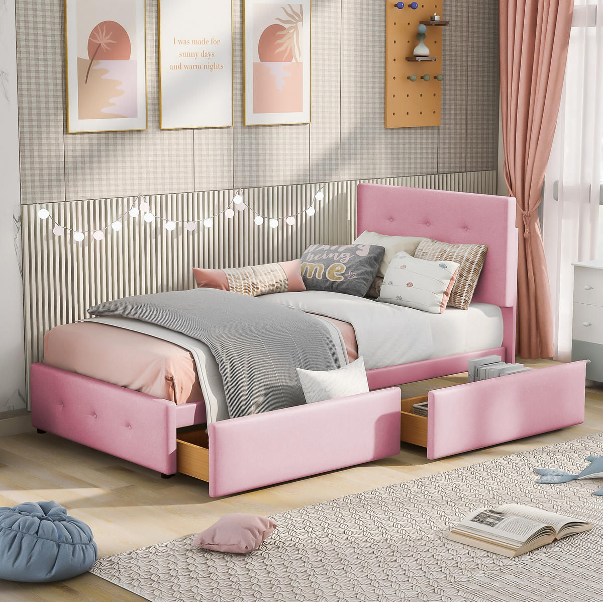 KINDERBETT 90/200 cm in Rosa aus Samt mit Schublade und Lattenrost - Rosa, Textil (90/200cm) - Flora Grace