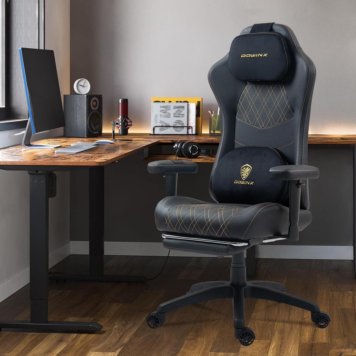 GAMING Stuhl &Massage-Wärmefunktion, atmungsaktivem Taschenfederkissen - Goldfarben, Leder (60/127/60cm)