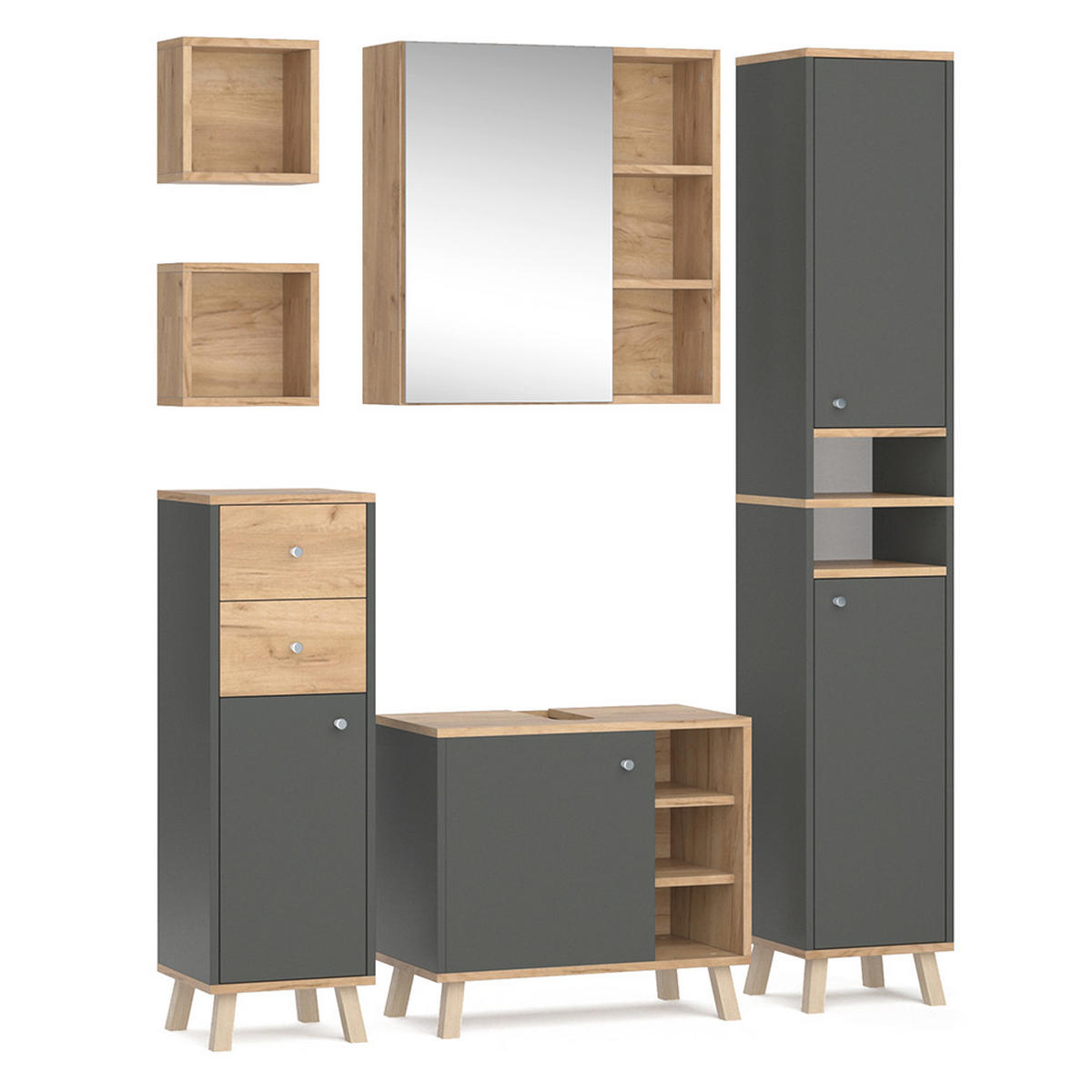 BADMÖBEL-SET Senyo Anthrazit 5 Teile - Honigeiche/Anthrazit, Holzwerkstoff (62/54/32cm) - Vicco