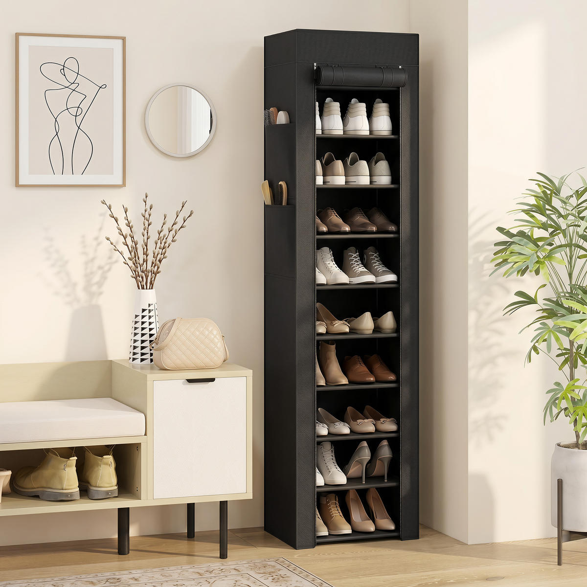 SCHUHREGAL Vliesstoff, Metall Schwarz - Schwarz, Kunststoff/Textil (30/175/45cm) - HOMCOM
