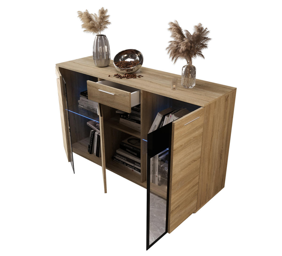 KOMMODE London LSK mit 3 Türen, Sideboard in Farbe: Hellbraun, Größe: 140 x 80 x 40 cm - Hellbraun, Holzwerkstoff (140/80/40cm) - O-Sofa