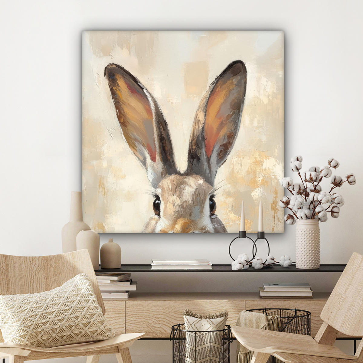 LEINWANDBILD Hase - Ohren - Braun Deko Groß 90x90 cm - Beige, Textil (90/90cm) - MuchoWow