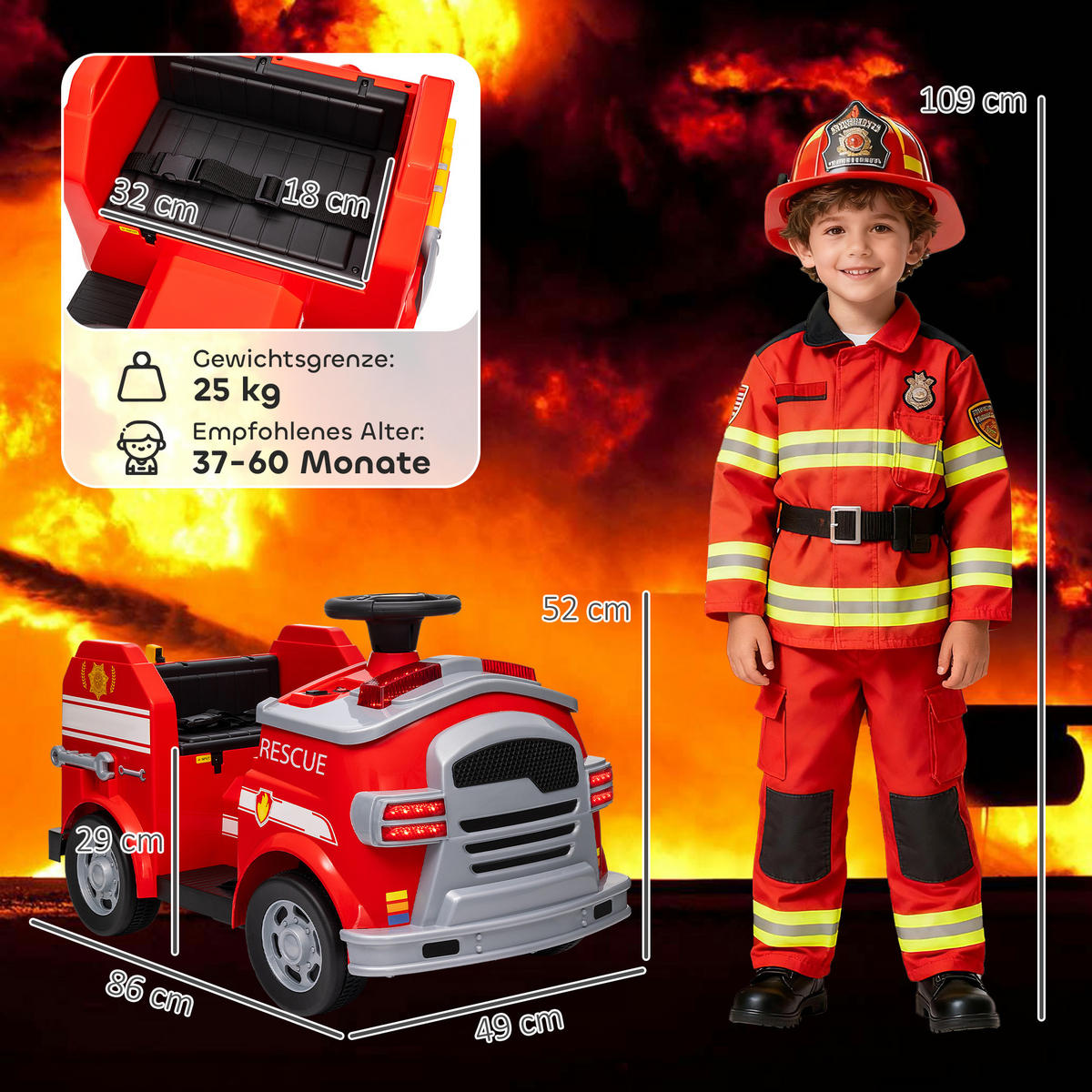 FEUERWEHRAUTO, max. 3 km/h, Sirene, Blaulicht, Werkzeuge, für Kinder 3-5 Jahre - Rot, Metall (86/49/52cm) - AIYAPLAY