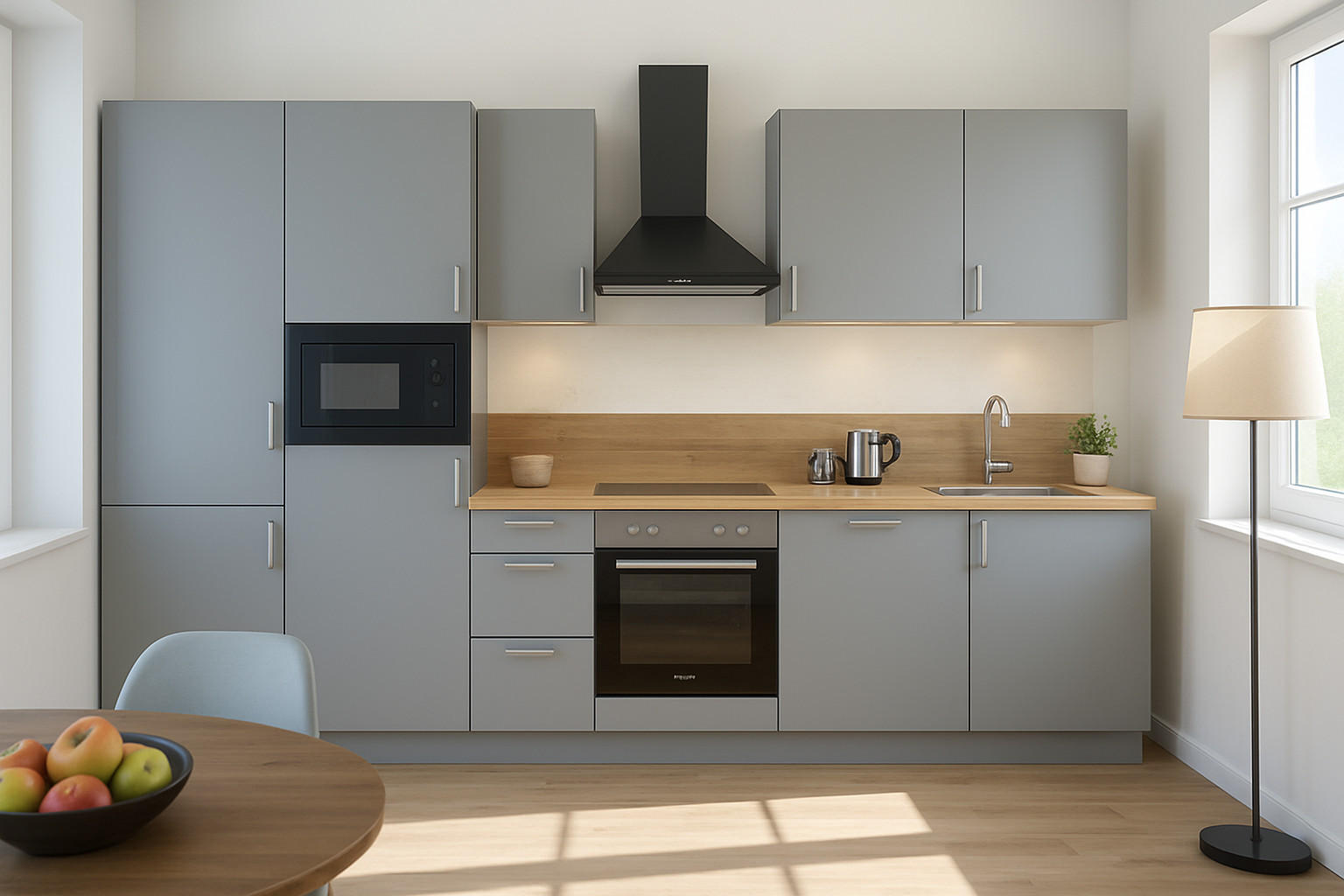 KÜCHENLEERZEILE „Leipzig“ 330 cm – ohne E-Geräte – Steingrau – mit Zubehör - Edelstahlfarben/Grau, Holzwerkstoff/Metall (330/210/60cm) - GEBA