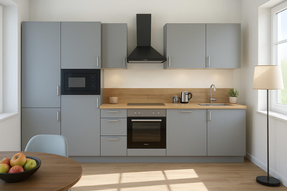 KÜCHENLEERZEILE „Leipzig“ 330 cm – ohne E-Geräte – Steingrau – mit Zubehör - Edelstahlfarben/Grau, Holzwerkstoff/Metall (330/210/60cm) - GEBA