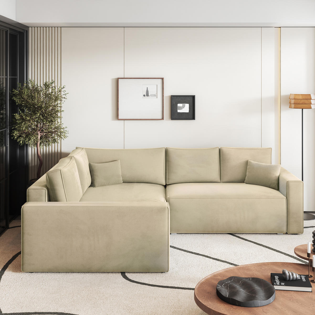 ECKSOFA ERONIS L-S Creme Velours-Stoff mit Schlaffunktion - Creme, Holz (265/194cm) - MASSENO