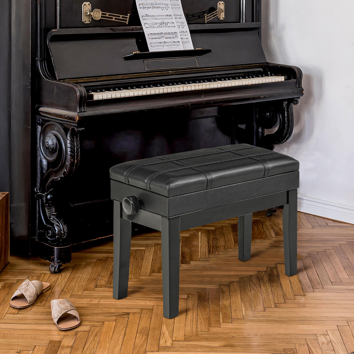 KLAVIERBANK höhenverstellbarer Klavierhocker mit versteckten Stauraum Schwarz - Schwarz, Holz (35/56/63cm) - HOMCOM