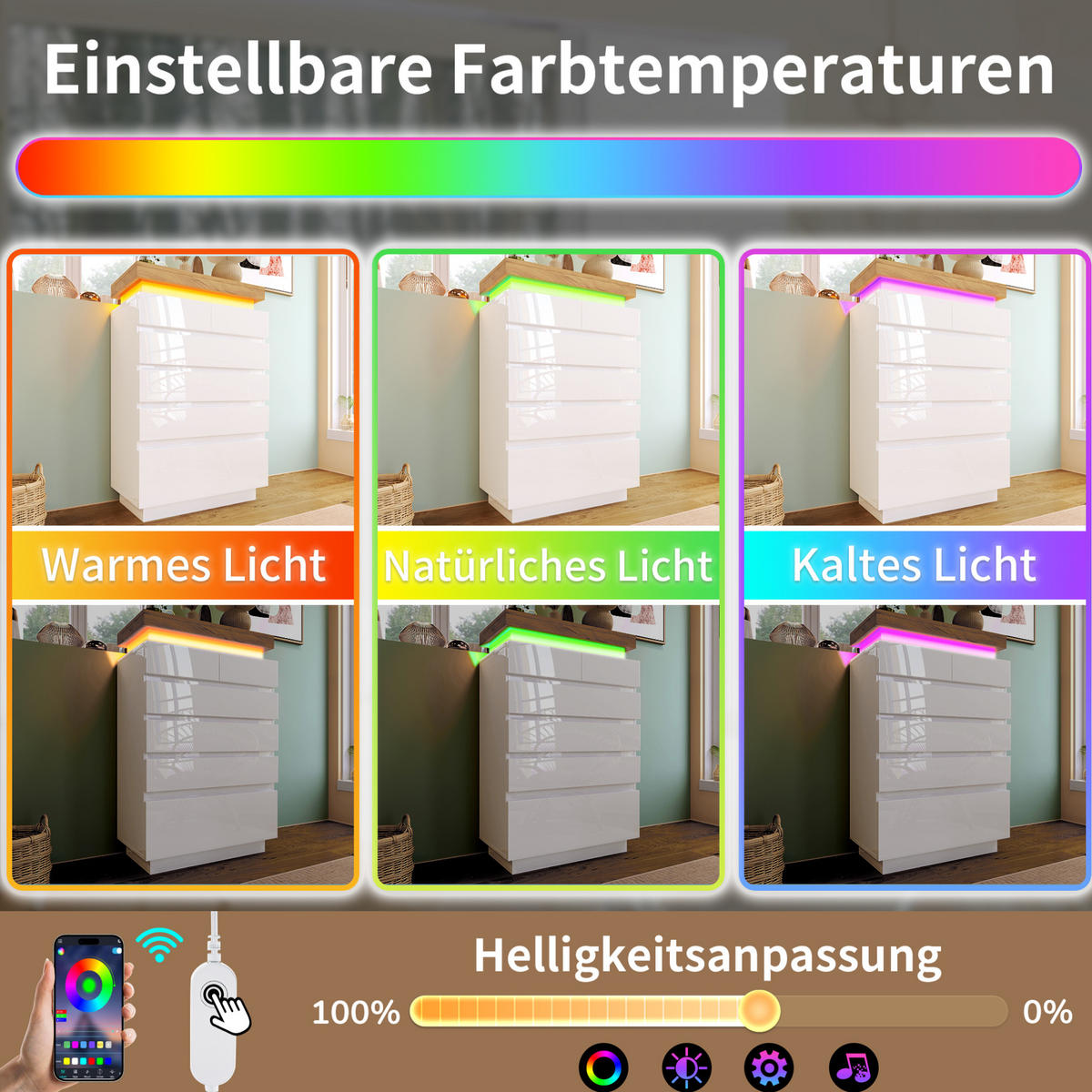 KOMMODE aus Spanplatte und MDF 39x73x115 cm Weiß mit LED-Beleuchtung, 6 Schubladen und Hochglanzfront - Weiß, Holzwerkstoff (73/115/39cm) - Modfu