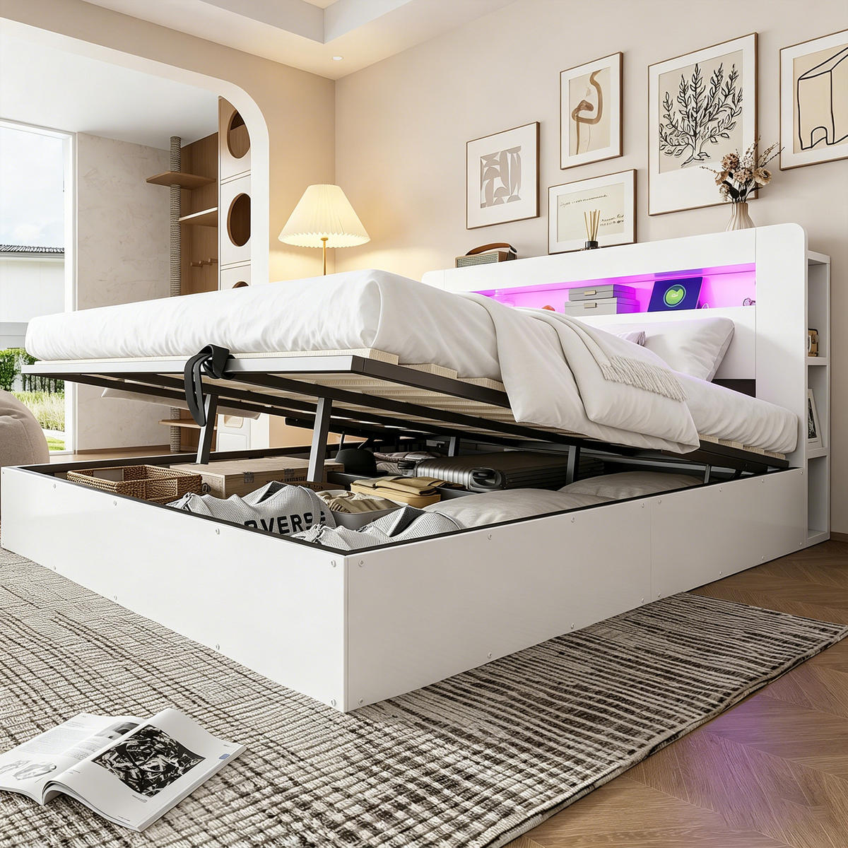 BETT 180/200 cm in Weiß aus Holz mit Bettkasten, LED und Steckdosen - Weiß, Holz/Holzwerkstoff (180/200cm) - WISHDOR