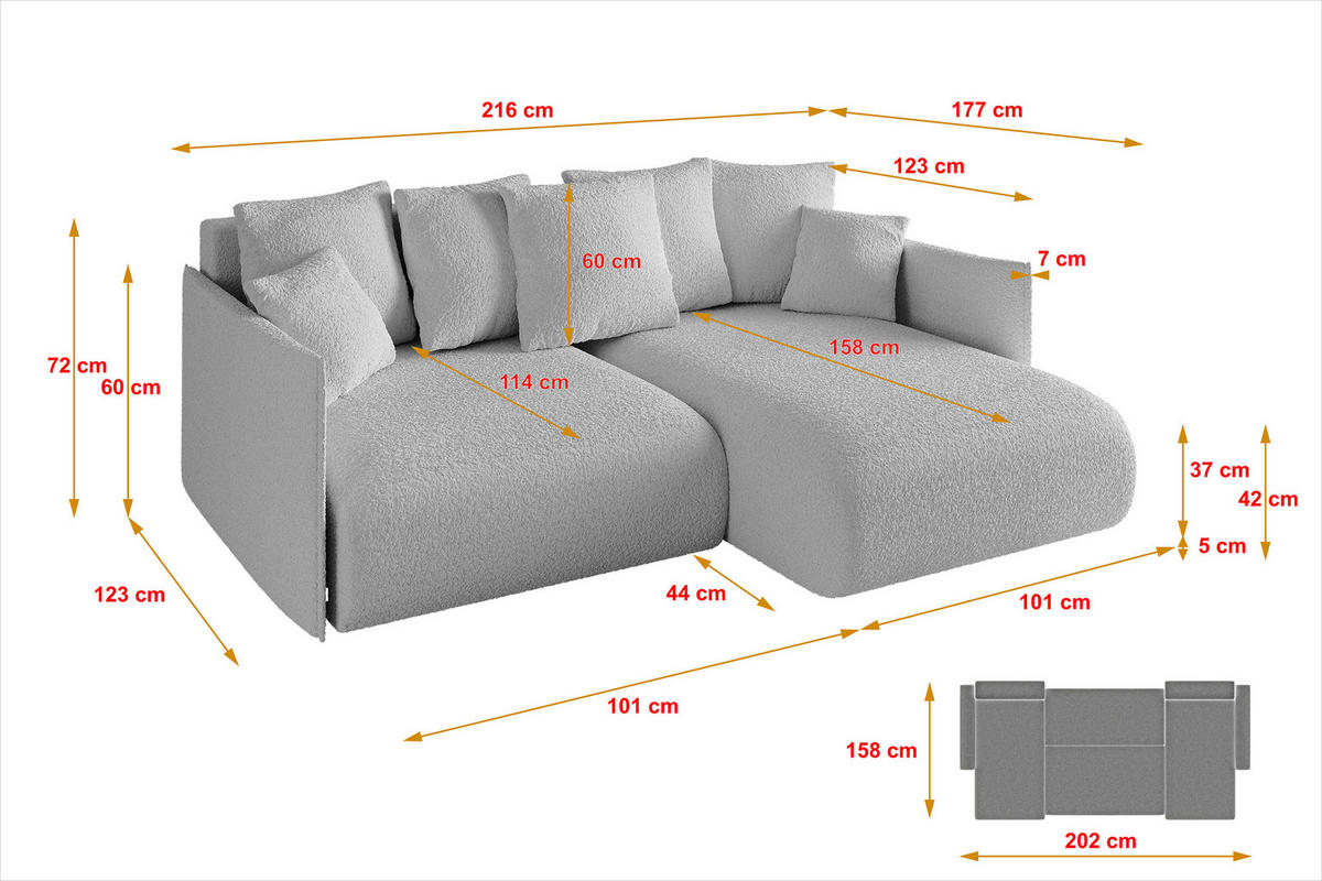 ECKSOFA Ottomane rechts ONESK-L 216x177x72 Hellgrau Bouclé - Hellgrau, Holzwerkstoff/Kunststoff (177/216cm) - ALTDECOR