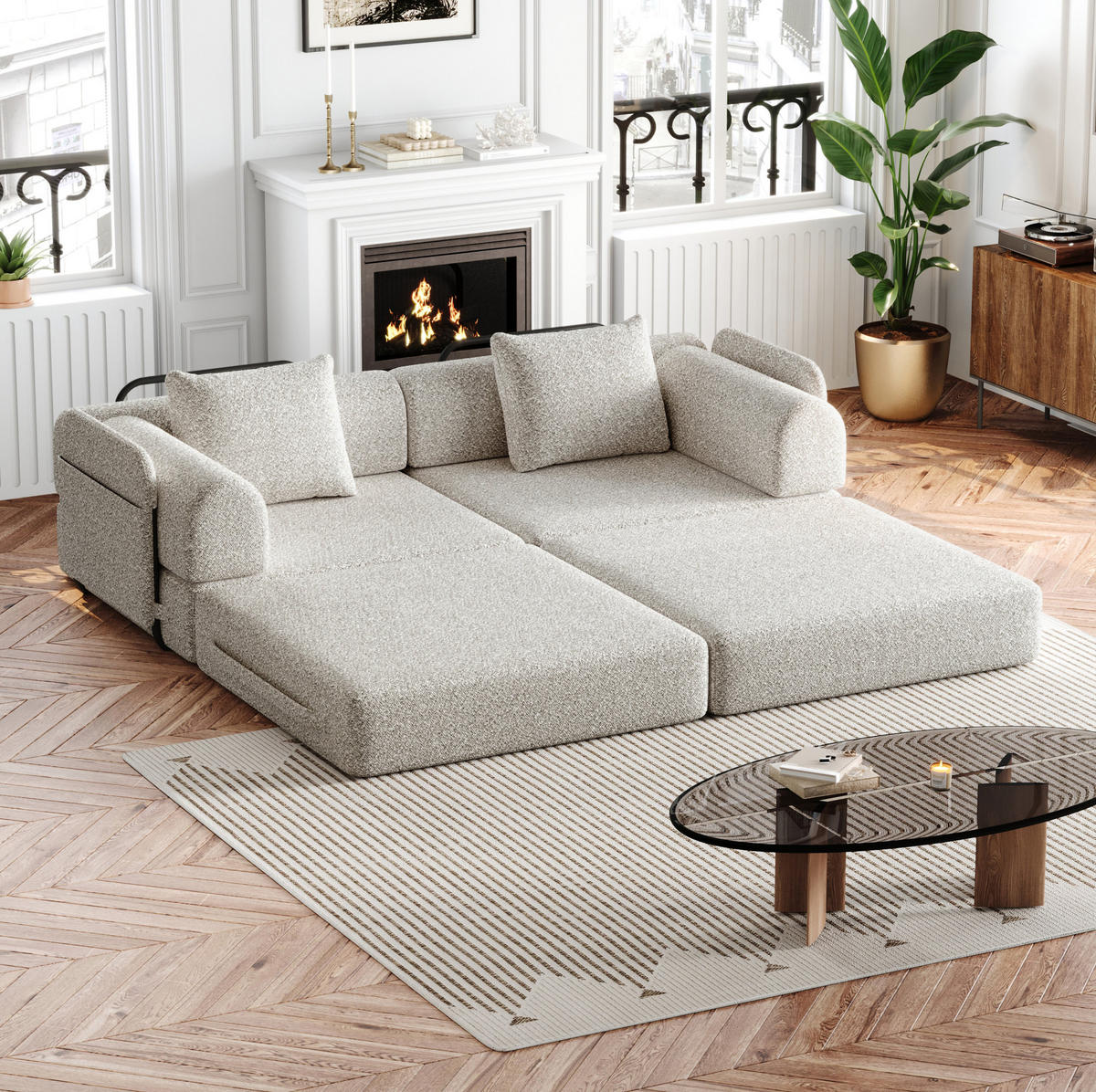 SCHLAFSOFA 2-in-1, Chenille mit Armlehnen-Ablagefach & Stahlrahmen, 183,8/181,6/49,5 cm, Beige - Beige, Textil (183.8/49.5/181.6cm) - Redom