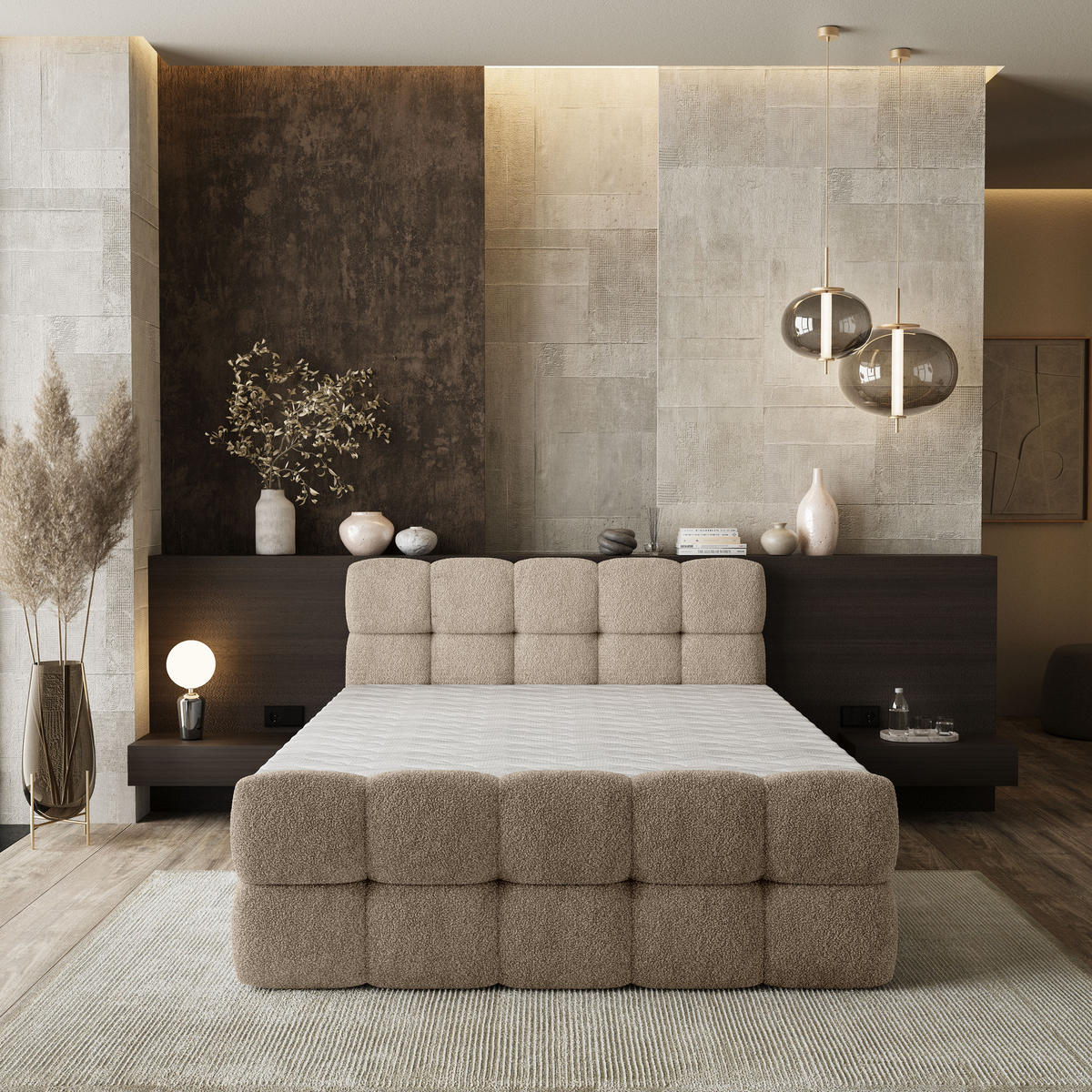 BOXBETT BRUME 180x200 cm mit Matratze und Topper, H2+H3 - Beige - Beige, Holz (180/200cm) - MASSENO