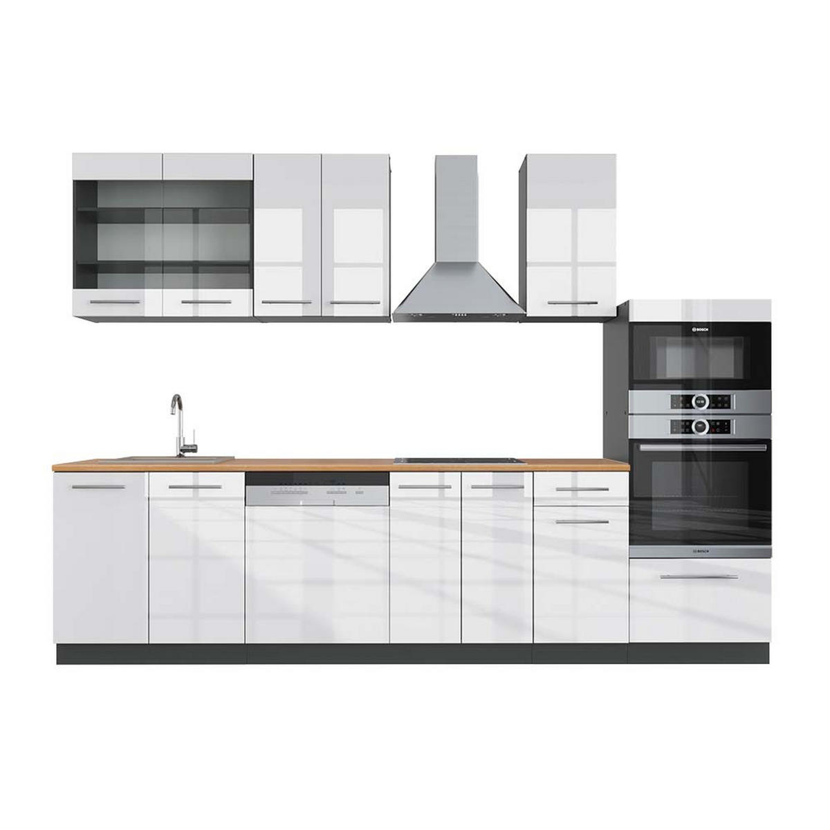 KÜCHENZEILE Fame-Line Weiß Hochglanz/Anthrazit 300 cm mit Hochschrank AP Eiche - Weiß Hochglanz/Anthrazit, Holzwerkstoff (300/81.6/60cm) - Vicco