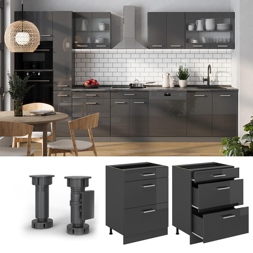 KÜCHENUNTERSCHRANK R-Line Anthrazit Hochglanz 60 cm mit Schubladen, AP Eiche - Schwarz Hochglanz/Anthrazit, Holzwerkstoff (60/81.6/60cm) - Vicco