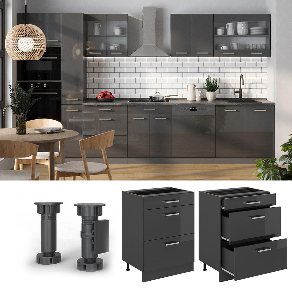 KÜCHENUNTERSCHRANK R-Line Anthrazit Hochglanz 60 cm mit Schubladen, AP Eiche - Schwarz Hochglanz/Anthrazit, Holzwerkstoff (60/81.6/60cm) - Vicco