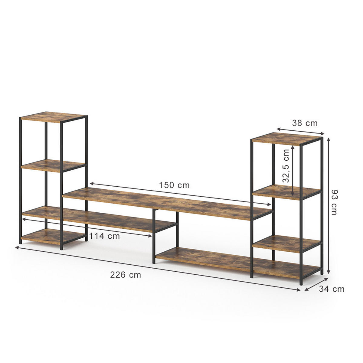 LOWBOARD Fyrk Antikholz 226 x 93 cm - Eichefarben/Schwarz, Holzwerkstoff (226/93/34cm) - Vicco
