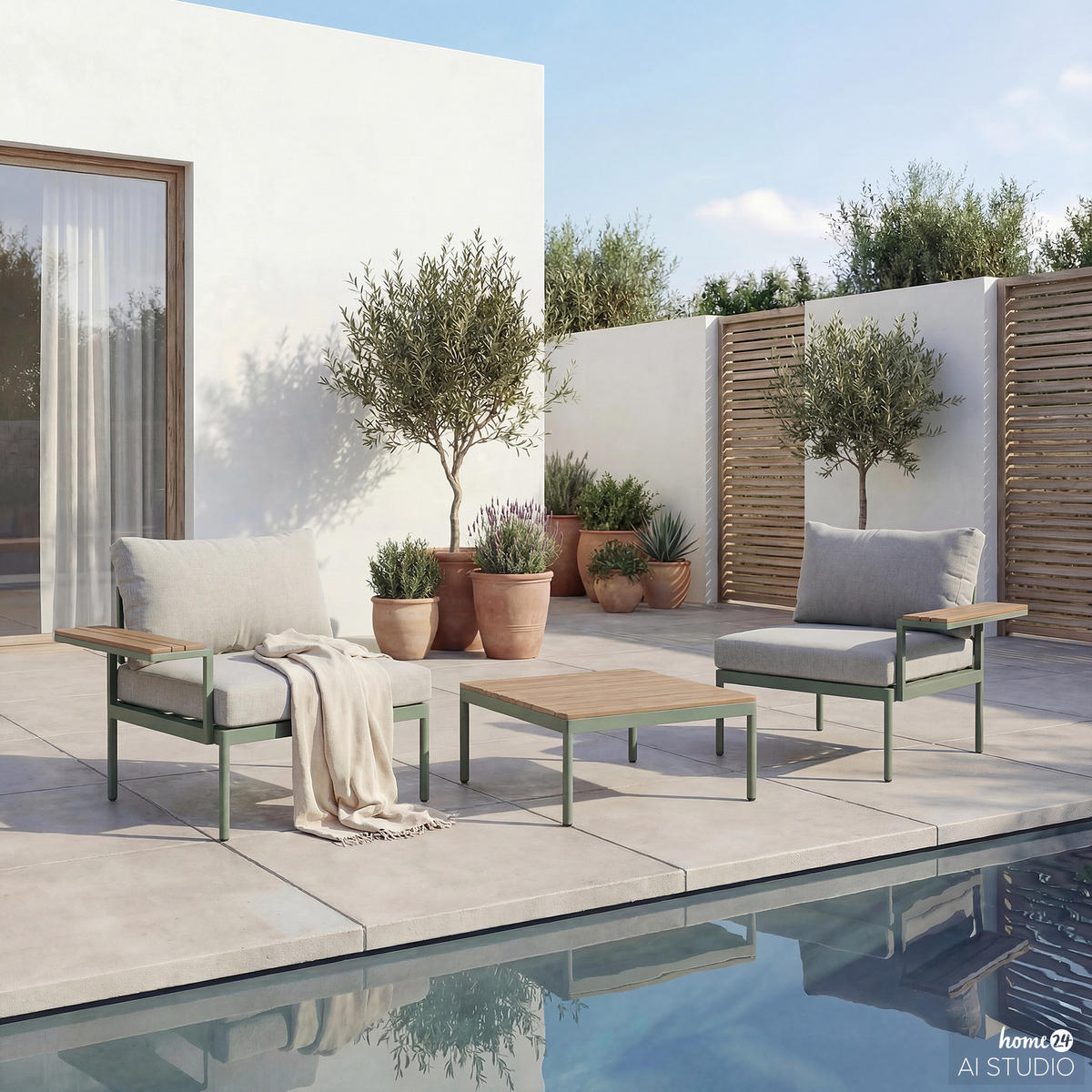 MODULARES LOUNGESET - 3-teilig - Stahl / Olefin - Grün, Kunststoff/Textil - home24