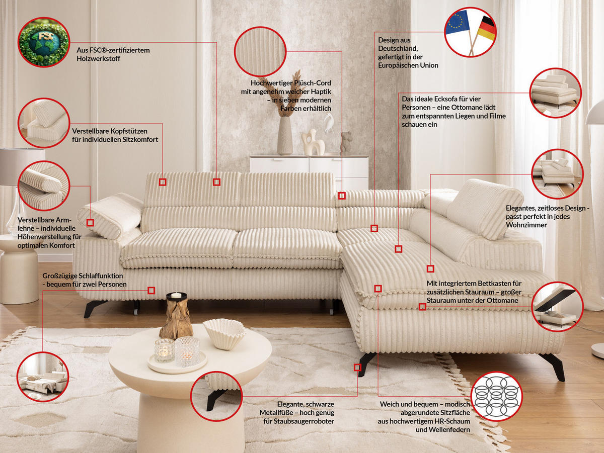 ECKSOFA mit Schlaffunktion und Bettkasten Bonnie aus Hellbeige Cord-Stoff mit verstellbaren Kopfstützen und Armlehne - Ottomane rechts - Beige/Schwarz, Holz/Textil (275/210cm) - S-Style Möbel