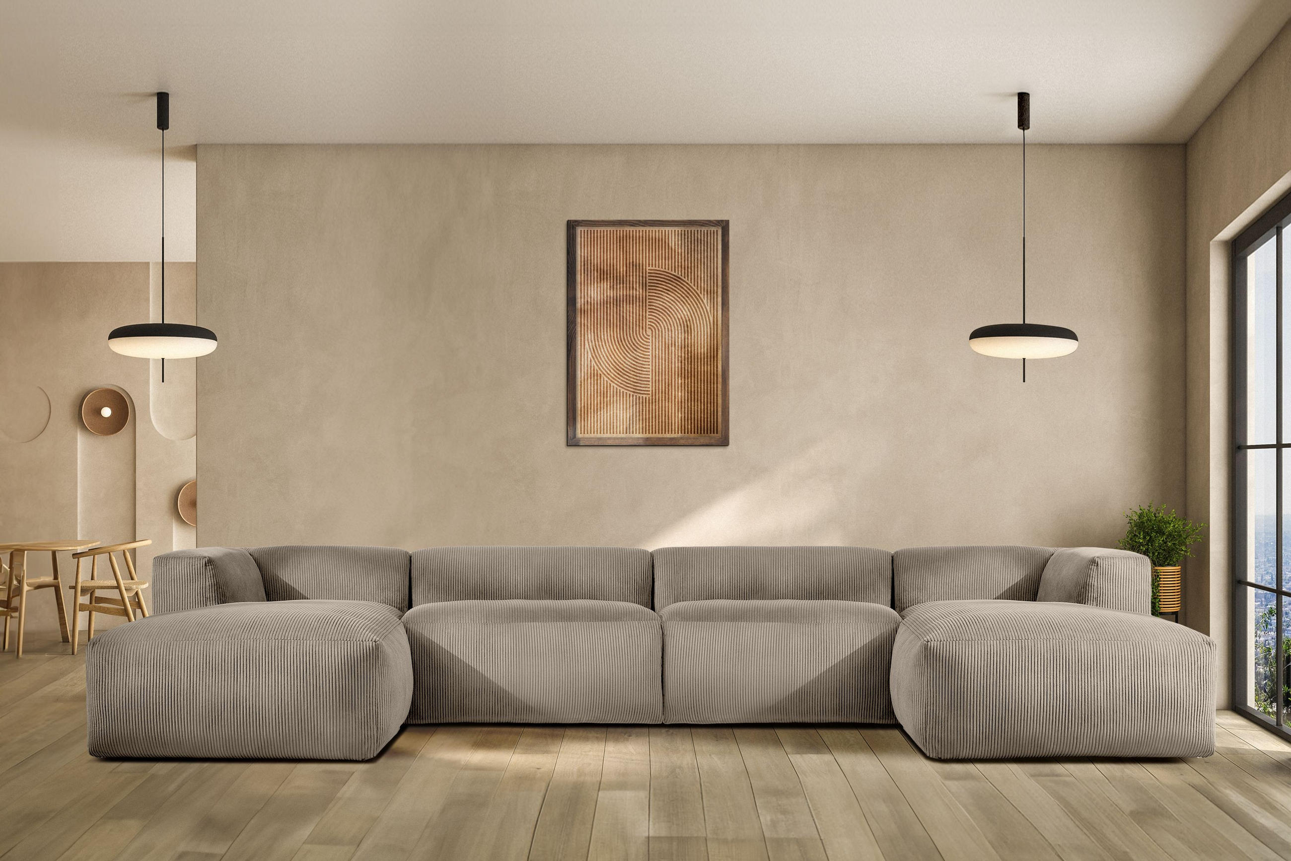 Thumbnail - Konsimo® Panorama-Ecksofa, Beige, Textil, U-Form,Freiform, 424x73x180 cm, Wohnzimmer, Sofas & Couches, Wohnlandschaften,...